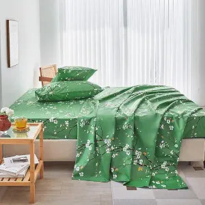 ZRNBAST Queen Sheet Set Green Floral 4 Pcs Bed Sheet Set Boho Flat Sheet Fitted Sheet with Pillowcases Blossom Flowers Sheets Set (Green, Queen)