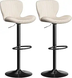 SUNLEI Swivel Bar Stools Set of 2, Counter Height Adjustable Barstools with Shell-Shaped Backrest, PU Leather Modern Bar Chairs for Kitchen Island, Bar, Dining Room, White