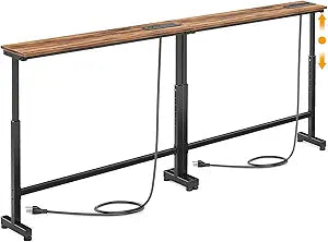 Dicasser 2 Pack Narrow Console Sofa Table with Adjustable Height (22"-33") & 2 Power Outlets, Skinny Behind Couch Table for Living Room Entryway Hallway, 79" L x 7" W x 33" H (Rustic Brown)