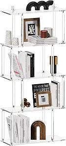 Acrylic Geometric Bookshelf, 5-Tier Clear S Shaped Bookcase, Modern, Unique Book Shelf for Living Room, Bedroom, Office, 9.3" D x 22.4" W x 49.2" H, Easy Assembly