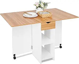 Mondeer Folding Dining Table, Drop Leaf Kitchen Table with 1 Drawer and 2 Open Storage Shelves Small Space Dining Room Kitchen Modern (White & Red Oak)