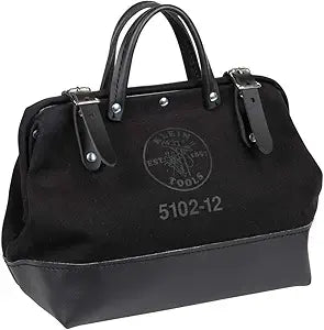 Klein Tools 510212BLK Heavy Duty Black Canvas Tool Bag, Tool Tote, Multi-Purpose Bag with Wide Hinged Opening and Leather Handles, 12-Inch