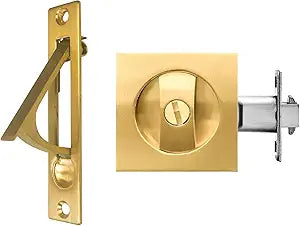 Pocket Door Lock,Privacy Door Hardware Suitable for Bathroom Bedroom etc Recessed 2 Sided, 2 3/8" Backset, Invisible Hardware for 1 3/8 to 2 3/16 Thickness Door (Gold, Privacy Lock with Edge Pull)