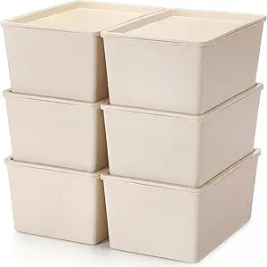 Menkxi 6 Pcs Storage Bins with Lids Small Plastic Storage Containers Stackable Storing Baskets Box Cute Organizer Bins for Organizing Shelves (Beige)