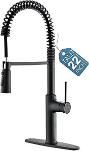 Brass Matte Black Kitchen Faucets, Brass 22 inch Commercial High Arc Single Handle Kitchen Faucets for Pull Down Sprayer Farmhouse Spring with Deck Plate