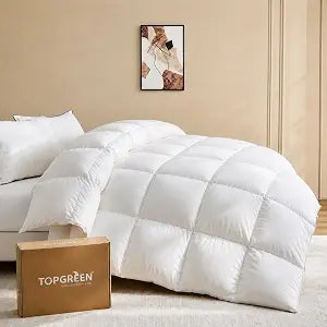 TOPGREEN Premium Goose Feather Down Fiber Comforter Full/Queen Size, Fluffy Duvet Insert for All Season, with Ultra-Soft Cotton Blend Case (90x90 Inch, White)