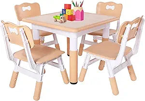 FUNLIO Kids Table and 4 Chairs Set, Height Adjustable Toddler Table and Chair Set for Ages 3-8, Easy to Wipe Arts & Crafts Table, for Classrooms/Daycares/Homes, CPC & CE Approved5-Piece Set