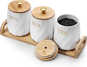 3 Pack Ceramic Canister Set with Bamboo Lids and Handle Tray, Coffee Tea Sugar Container Set, White Ceramic Storage Jar Kitchen Canister for Countertop