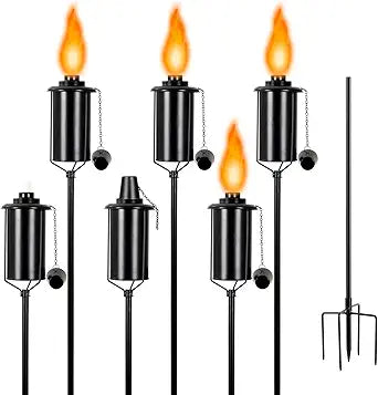 Metal Garden Torches for Outside 6 Pack, 16oz Outdoor Metal Torch, 61 Citronella Torches Lighting with 5-Prong Grounded Stake for Garden Patio Pathway (6 Pack Metal Torch Set)