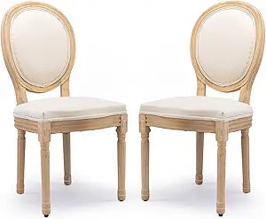 French Country Dining Chairs Set of 2, Upholstered Dining Room Chairs with Round Back, Solid Wood Legs, Oval Side Chairs for Kitchen,Bedroom,Dining Room,Restaurant(Beige-Fabric)