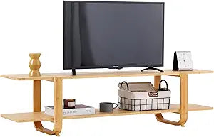 Welnow Low Bamboo TV Stand for Up to 65 Inch, Small Mid Century Modern Entertainment Center with 2-Tier Open Shelves, Natural Media Console Table for Living Room, Bedroom