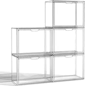 HOYOJA Clear Acrylic Display Case, Large Stackable Storage Bins Magnetic Attraction Lids, 5 Pack Acrylic Box Showcase for Collectibles, Figures, Cosmetic, Purse, Handbag, Wallet, 10.7x8.6x14.2 inch