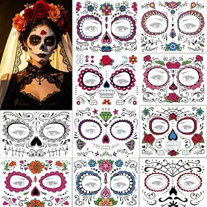 Day of the Dead Face Tattoos 10 Sheets Halloween Temporary Face Tattoos Sugar Skull D��a de Los Muertos Face Tattoo for Adult Halloween P