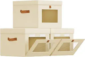 Homsorout Storage Bins with Lid Closet Organizer with Side Opening and Clear Window, Foldable Stackable Fabric Basket for Clothes Storage, Bedroom, Nursery, Office, 3 Pack, Beige