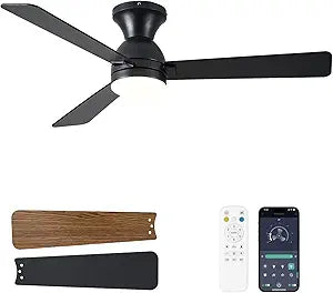 Ceiling Fans with Lights, 48 inch Low Profile Ceiling Fan with Light and Remote Control, Flush Mount, Reversible, 3CCT, Dimmable LED, Noiseless, Black Ceiling Fan for Bedroom, Dining Room