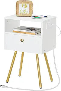 HOOBRO Nightstand with Charging Station, Side Table with USB Port and Outlet, Small End Table for Tight Spaces, Solid and Stable, for Office, Bedroom, Study, White and Gold DW88UBZ01