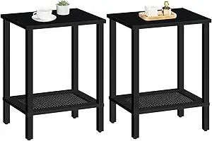 HOOBRO End Tables Set of 2, Small Side Tables with 2-Tier Storage Shelves, Nightstands with Faux Rattan Decoration, for Small Space, Living Room, Bedroom, Black BK91BZP201