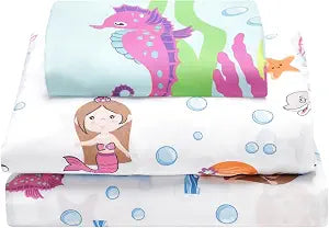 EVERYDAY KIDS Mermaid Twin Size Bed Sheet Set for Kids with Beach Design of Seahorses, Dolphins and Starfish; Girls 3-piece Twin Size Sheets Set Includes Flat Sheet, Fitted Sheet and Pillowcase