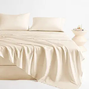 LONAVA 100% Viscose Derived from Bamboo Queen Sheet Set Beige, 4 Pieces Soft Cooling Bedding with Deep Pocket UP to 16", Silky Smooth, Organic & Breathable, Breathable Bed Sheets