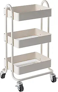 Metal Rolling Cart,3-Tier Metal Rolling Cart with Wheels,3 Tier Utility Cart with Wheels for Office,Home,Kitchen,Garden13.4"x18.1"x31" White