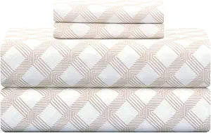 Feather & Stitch 300TC King Size 100% Cotton Sateen Weave Printed Sheet Set, Cooling & Breathable Bed Sheets Set, 4 Piece 16" Elastic Deep Pockets, Soft Hotel Quality- King, Geometric Beige