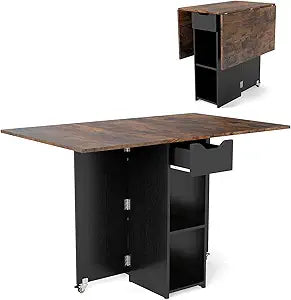 GOFLAME Drop Leaf Dining Table for 2-4, Folding Kitchen Table with Open Shelves & Drawer, Lockable Wheels, Space Saving Extendable Table for Dining Room, Living Room, Small Space, Rustic Brown & Black