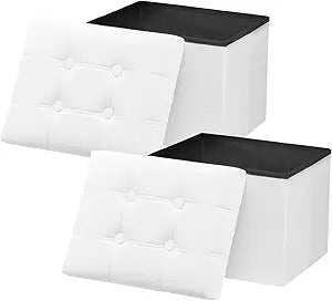 AmasSmile 2PC Storage Ottoman Foot Rest Stool, 17 inch Velvet Footstool Bench, Short Ottomans Stool, Small Folding Storage Ottoman Store Books, Records, White
