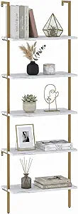 aboxoo Ladder Shelf White Marble Bookshelf 5-Tier Wall-Mounted Wood Rack Industrial Modern Plant Flower Stand Utility Organizer Open Bookcase Metal Frame Furniture Office Kitchen Bedroom