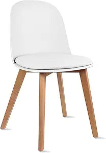2xhome Modern Armless Dining Chair | Plastic Shell with PU Leather Cushion Padded Seat and Wooden Legs | Indoor or Outdoor Use | Home Kitchen Patio, White, Single, Set of 1
