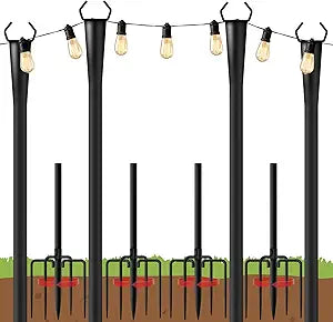 10Ft String Light Poles 4 Pack for Outside, Metal Outdoor Light Poles with 5 Prongs for Garden Patio Backyard Deck, Fence Bracket Hanging Light for Party Wedding Decor