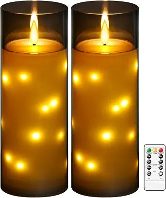 kakoya 11" x 4" Large Outdoor Waterproof Flameless LED Candles with Remote and Timer,Acrylic Pillar Candles Battery Operated with Embedded Star String for Porch,Patio,Outdoor Decor,Set of 2(Grey)