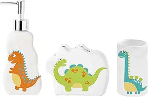 Kids Dinosaur Bathroom Set 3-Piece Fun Bathroom Accessories for Kids, Including Toothbrush Holder, Soap Dispenser, and Cup Adorable Dinosaur Dcor for a Playful Bathroom.