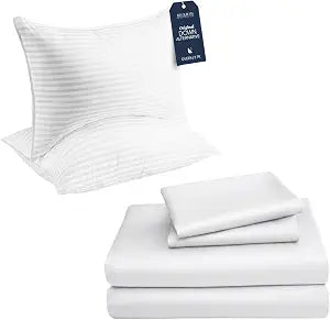 Beckham Hotel Collection Down Alternative Pillows & Cotton Sheets 4 Piece Set, 16" Deep Pocket, 2 Open End Pillowcases, Queen, White