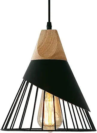 Black Farmhouse Wooden Pendant Light,Rustic Wood & Metal Pendant Lighting, Adjustable Height Hanging Ceiling Light Fixture for Kitchen Island Dining Room Bedroom Hallway