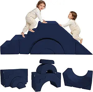MeMoreCool Modular Kids Sofa, Foam Couch Sofa with Slide & Stair Design, Convertible Kids Couch for Playroom, Sectional Child Furniture for Bedroom Living Room, Navy