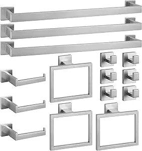 Cilee 15-Pieces Bathroom Hardware Set - Brushed Nickel Bathroom Accessories, 24 Inch Towel Bar, Square Towel Ring, Toilet Paper Holder, Towel Hook, Wall-Mounted Stainless Steel Towel Bar Rack Set