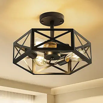Modern Semi Flush Mount Ceiling Light,3-Light Hexagon Flush Mount Ceiling Lights for Dining Room Light Fixture,Farmhouse Black Metal Kitchen Island Lighting Fixtures for Hallway,Bathroom
