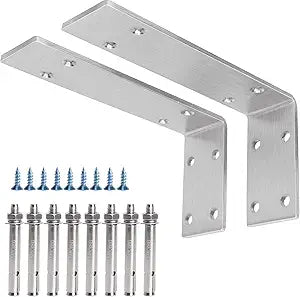 YUMORE Shelf Bracket 8 inch, Heavy Duty (1/5") Thick Solid L Brackets, Max Load: 230lbs, Stainless Steel Countertop Bar Top Support Brackets Wall Mounted, Includes Hardware, 2 Pack