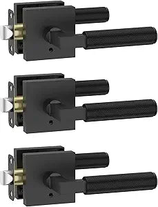Amerdeco 3 Pack Privacy Door Handles, Matte Black Interior, Knurled Lever, Heavy Duty for Bedroom and Bathroom, Reversible Keyless for Right & Left Side AM0021