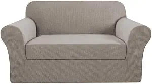 H.VERSAILTEX High Stretch 2-Piece Loveseat Furniture Cover/Slipcover for 2 Cushion Couch Fit Lovesat Width Up to 70 Inch, Suit for T Cushion/Box Cushion (Loveseat, Taupe)