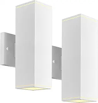 Ken & Ricky Outdoor Wall Light Fixture,Exterior Lighting Fixtures,Modern Sconce Lights for Porch Patio Garage Front Door (White,Square,No Sensor,2PK)