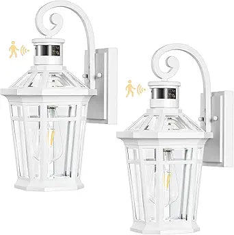 2 Pack Motion Sensor Outdoor Wall Lantern, White Outdoor Garage Lighting Fixtures Wall Mount, Waterproof Front Porch Lights with E26 Base, Exterior Sconce Light with Adjustable Sense Range