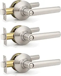 GOBEKOR 3 Pack Brushed Nickel Door Handles Privacy Door Levers with Lock,Heavy Duty Interior Door Handles for Bedroom and Bathroom,Sleek Round Door Lever Satin Nickel with No Key