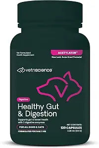 VetriScience Healthy Gut & Digestion Easy-Open Capsules, Acetylator Digestive Enzyme Supplement for Dogs and Cats, Soothe Gut and Bowel Discomfort, 120 Count