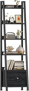 Furologee 6 Tier Ladder Shelf,Ladder Bookshelf with Drawer,Industrial Tall Bookcase,Storage Rack Organizer,Wood Metal Freestanding Shelves for Living Room, Home Office, Bedroom,Black Oak