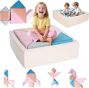 Modular Kids Play Couch Tangram Puzzles Kids Couch with Ball Pit (Balls not Included) Colorful Educational Building Blocks DIY Creativing Soft Play Activity Playset for Playroom Bedroom (Pink)
