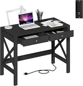 ChooChoo Computer Desk with USB Charging Ports and Power Outlets, Modern Simple 40 Inches Desk with Drawers, Makeup Vanity Console Table, Black
