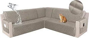 HDCAXKJ Waterproof Corner Sectional Couch Cover Velvet L Shape Sofa Covers for Pets Dogs Soft Heavy Duty U Shaped Sofa Slipcovers Sets for Sectional Non Slip Furniture Protector (Khaki, Large)