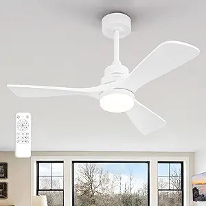 42 Inch Ceiling Fan with Lights, Remote Control, Dimmable, Reversible, Solid Wood Blades, Power-Off Memory, Quiet DC Motor Modern White Ceiling Fan for Living Room Bedroom Patio Indoor Outdoor