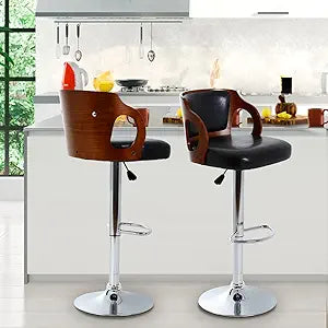 Dkelincs Bar Stools Set of 2, Counter Height Adjustable Swivel Barstools with Backrest & Arms, Modern Beech PU Leather Hydraulic Bar Stool for Home Kitchen Dining Room, Black